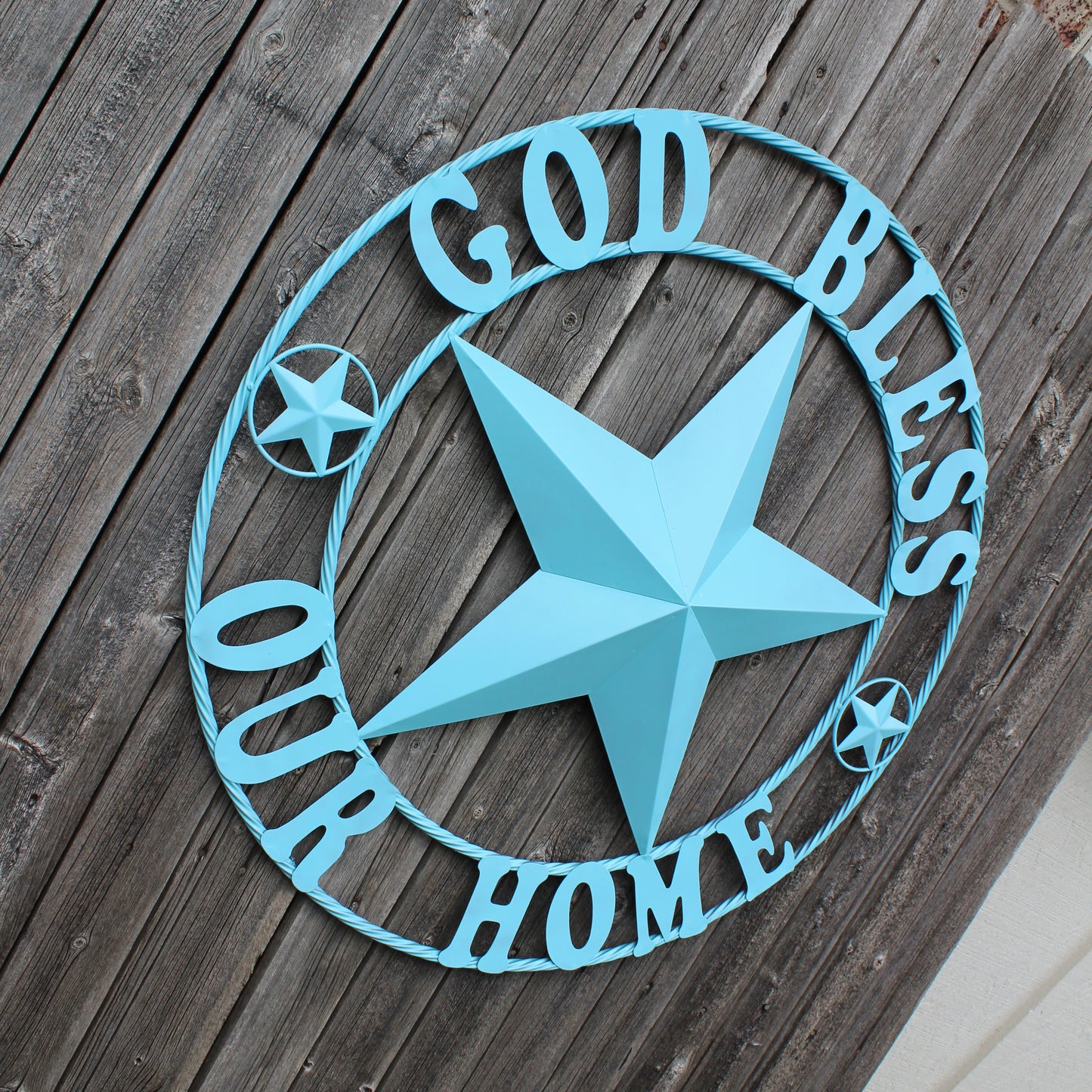 GOD BLESS OUR HOME BARN STAR TURQUOISE AQUA METAL LONE STAR TWISTED ROPE RING WESTERN HOME DECOR HANDMADE #EH12843