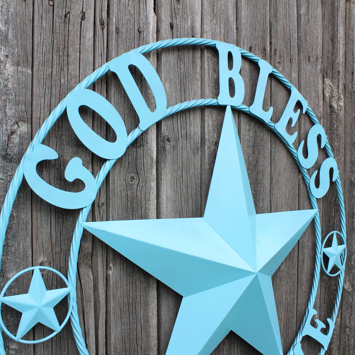 GOD BLESS OUR HOME BARN STAR TURQUOISE AQUA METAL LONE STAR TWISTED ROPE RING WESTERN HOME DECOR HANDMADE #EH12843