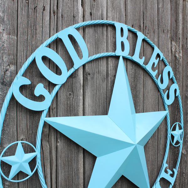 GOD BLESS OUR HOME BARN STAR TURQUOISE AQUA METAL LONE STAR TWISTED ROPE RING WESTERN HOME DECOR HANDMADE #EH12843