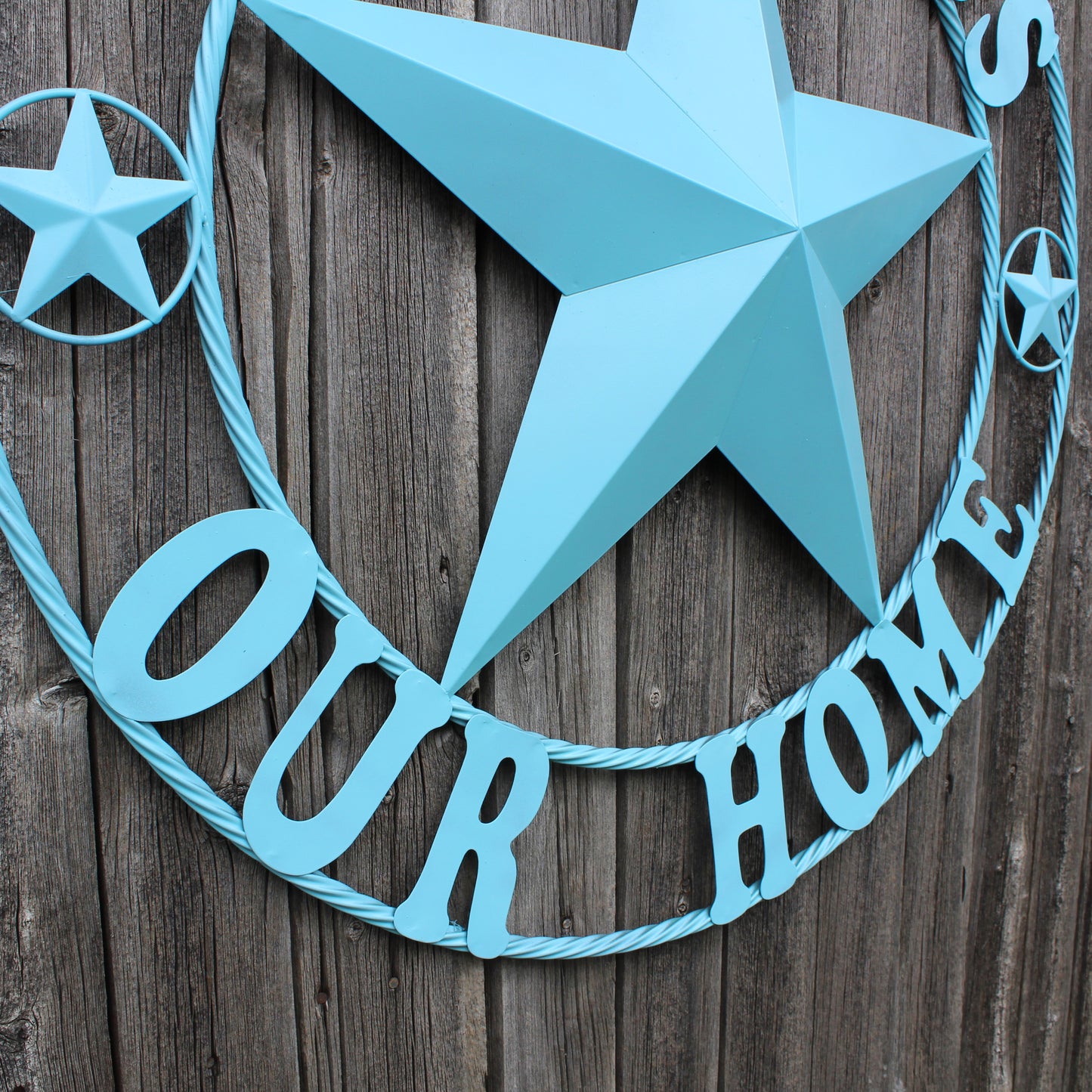 GOD BLESS OUR HOME BARN STAR TURQUOISE AQUA METAL LONE STAR TWISTED ROPE RING WESTERN HOME DECOR HANDMADE #EH12843