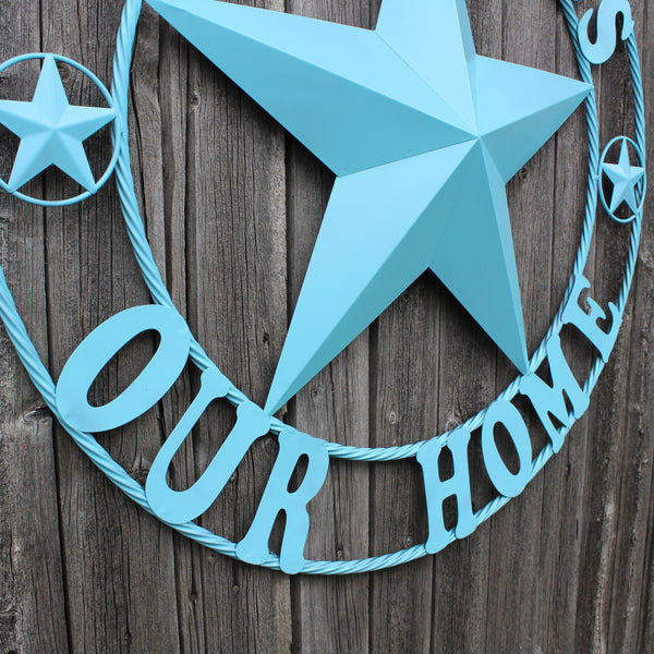GOD BLESS OUR HOME BARN STAR TURQUOISE AQUA METAL LONE STAR TWISTED ROPE RING WESTERN HOME DECOR HANDMADE #EH12843