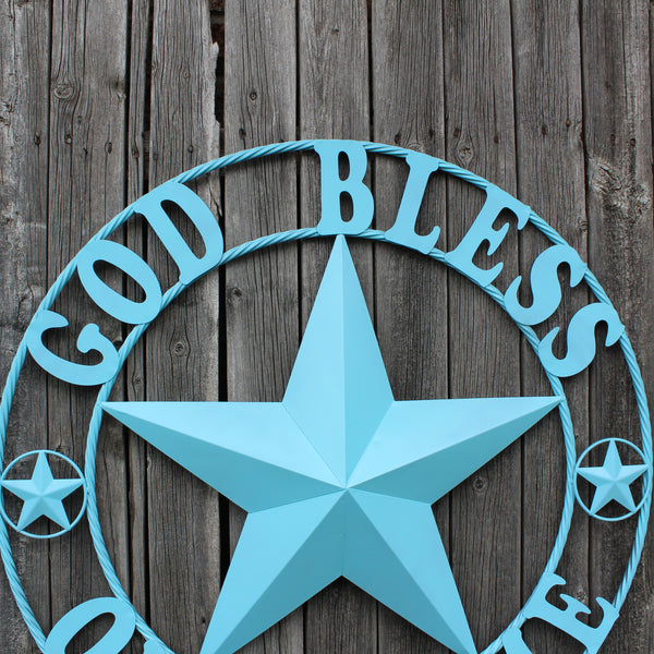 GOD BLESS OUR HOME BARN STAR TURQUOISE AQUA METAL LONE STAR TWISTED ROPE RING WESTERN HOME DECOR HANDMADE #EH12843