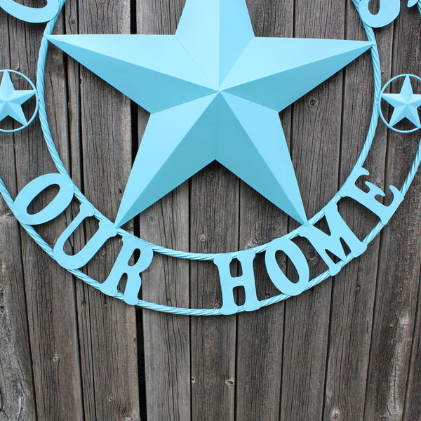 GOD BLESS OUR HOME BARN STAR TURQUOISE AQUA METAL LONE STAR TWISTED ROPE RING WESTERN HOME DECOR HANDMADE #EH12843