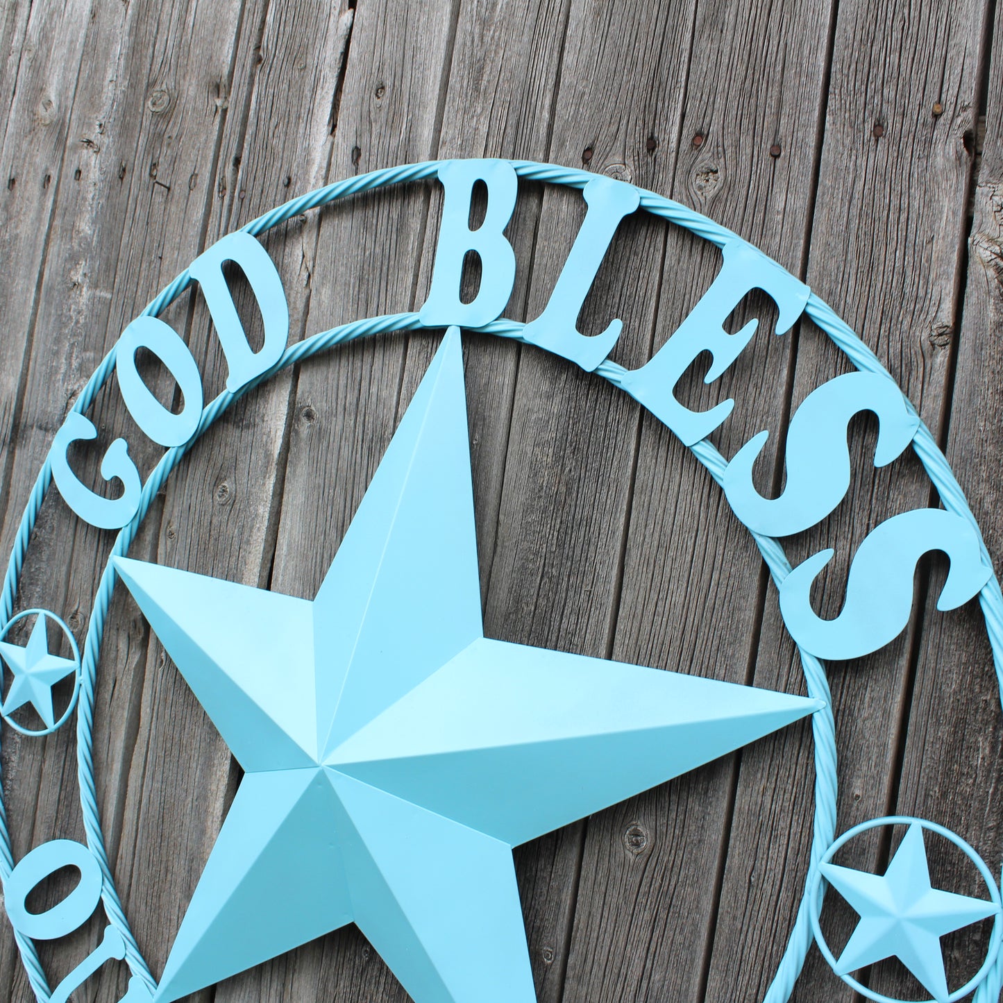GOD BLESS OUR HOME BARN STAR TURQUOISE AQUA METAL LONE STAR TWISTED ROPE RING WESTERN HOME DECOR HANDMADE #EH12843