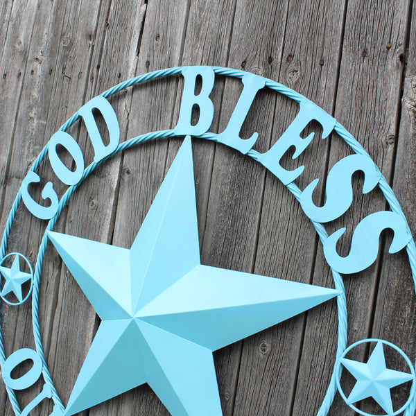 GOD BLESS OUR HOME BARN STAR TURQUOISE AQUA METAL LONE STAR TWISTED ROPE RING WESTERN HOME DECOR HANDMADE #EH12843