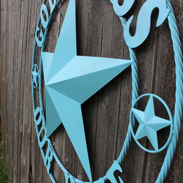 GOD BLESS OUR HOME BARN STAR TURQUOISE AQUA METAL LONE STAR TWISTED ROPE RING WESTERN HOME DECOR HANDMADE #EH12843