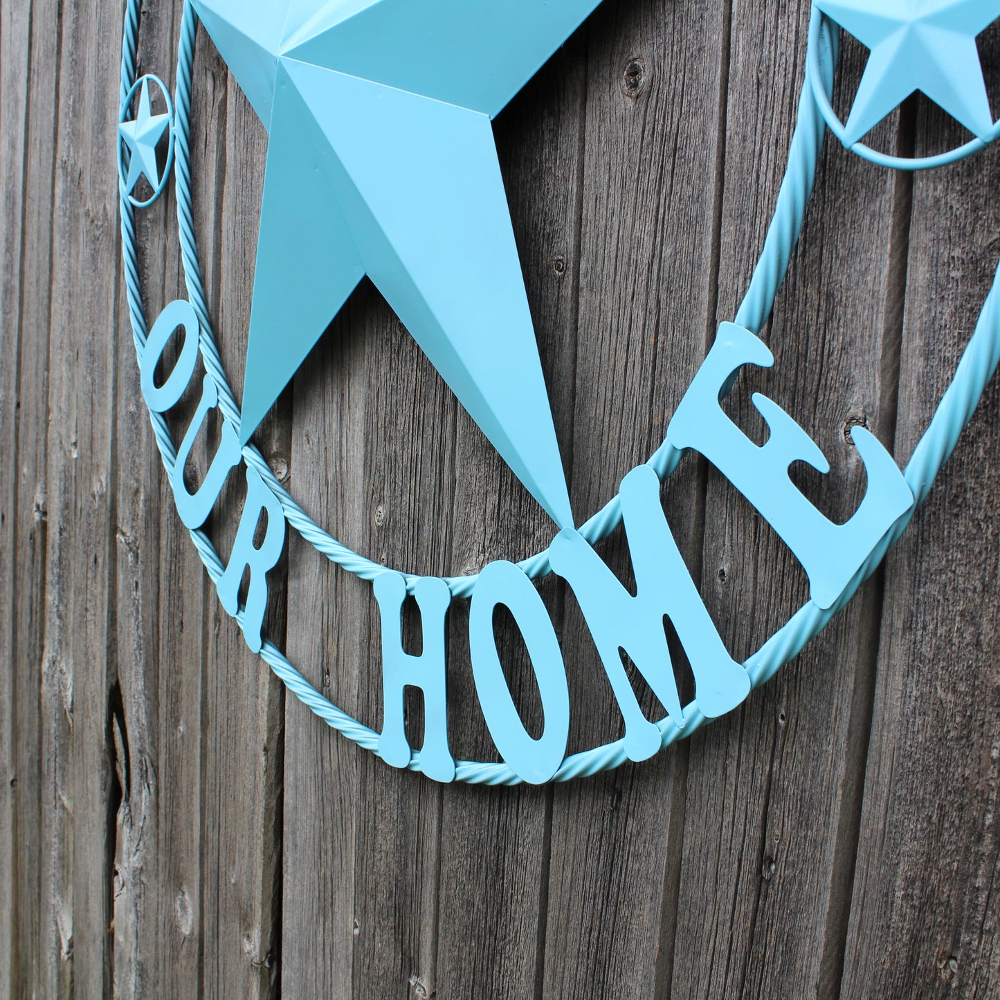 GOD BLESS OUR HOME BARN STAR TURQUOISE AQUA METAL LONE STAR TWISTED ROPE RING WESTERN HOME DECOR HANDMADE #EH12843
