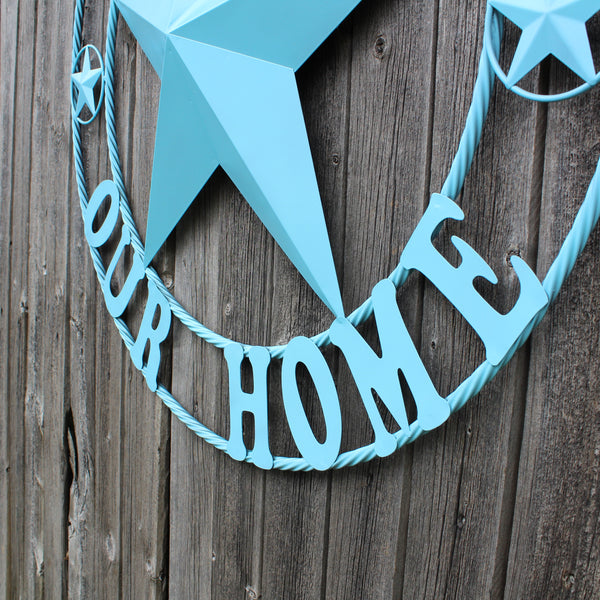 GOD BLESS OUR HOME BARN STAR TURQUOISE AQUA METAL LONE STAR TWISTED ROPE RING WESTERN HOME DECOR HANDMADE #EH12843
