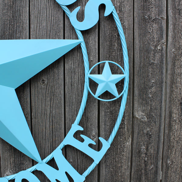GOD BLESS OUR HOME BARN STAR TURQUOISE AQUA METAL LONE STAR TWISTED ROPE RING WESTERN HOME DECOR HANDMADE #EH12843