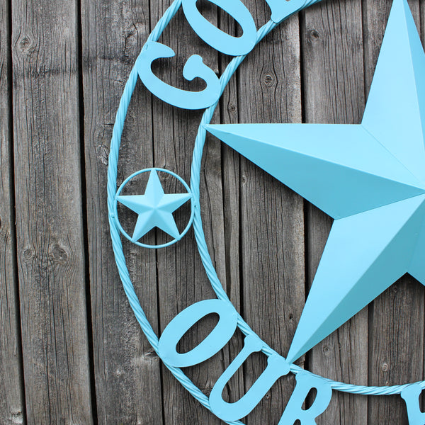 GOD BLESS OUR HOME BARN STAR TURQUOISE AQUA METAL LONE STAR TWISTED ROPE RING WESTERN HOME DECOR HANDMADE #EH12843