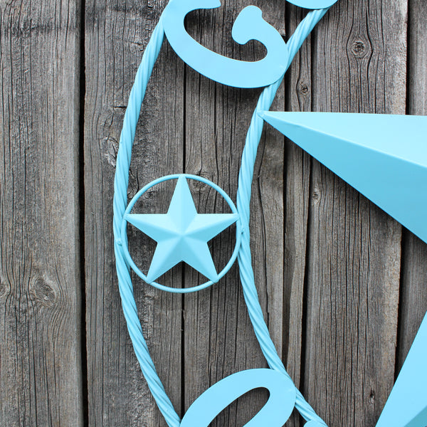 GOD BLESS OUR HOME BARN STAR TURQUOISE AQUA METAL LONE STAR TWISTED ROPE RING WESTERN HOME DECOR HANDMADE #EH12843