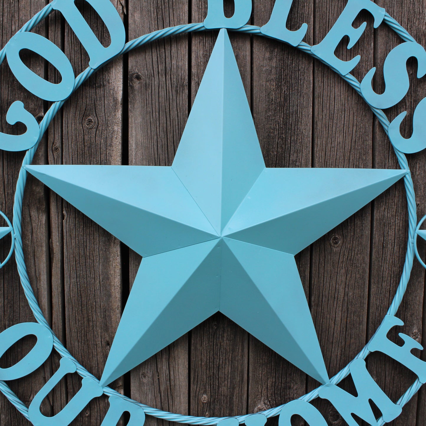 GOD BLESS OUR HOME BARN STAR TURQUOISE AQUA METAL LONE STAR TWISTED ROPE RING WESTERN HOME DECOR HANDMADE #EH12843
