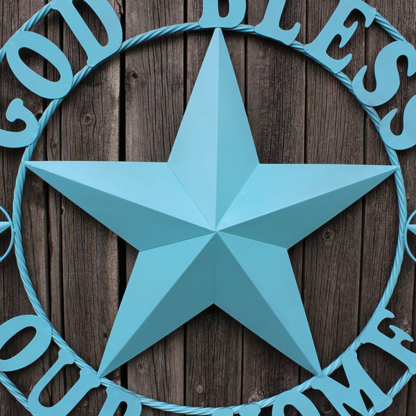 GOD BLESS OUR HOME BARN STAR TURQUOISE AQUA METAL LONE STAR TWISTED ROPE RING WESTERN HOME DECOR HANDMADE #EH12843