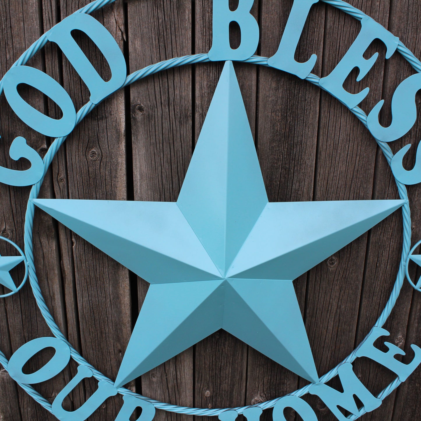 GOD BLESS OUR HOME BARN STAR TURQUOISE AQUA METAL LONE STAR TWISTED ROPE RING WESTERN HOME DECOR HANDMADE #EH12843