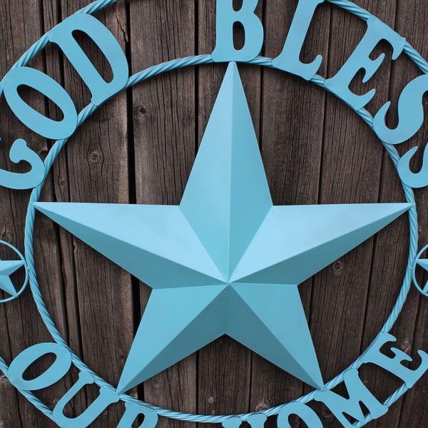 GOD BLESS OUR HOME BARN STAR TURQUOISE AQUA METAL LONE STAR TWISTED ROPE RING WESTERN HOME DECOR HANDMADE #EH12843