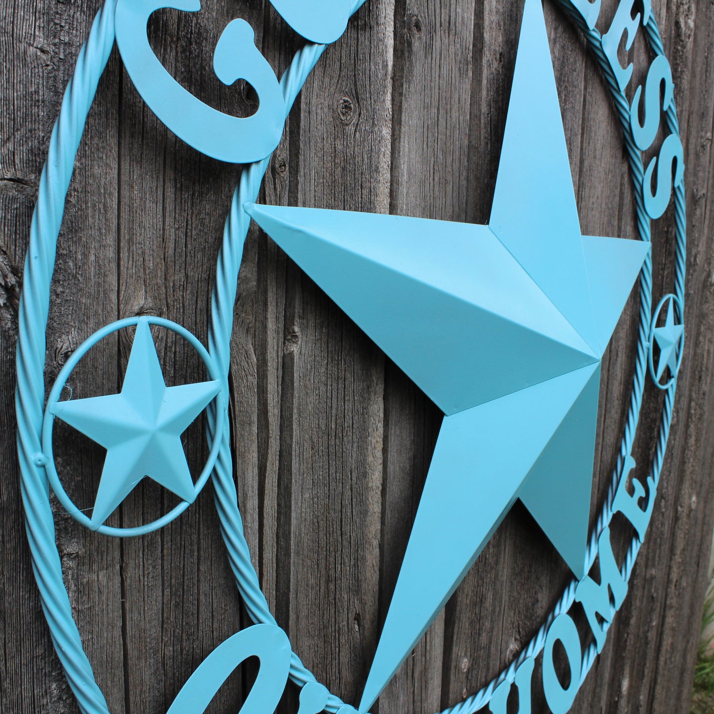 GOD BLESS OUR HOME BARN STAR TURQUOISE AQUA METAL LONE STAR TWISTED ROPE RING WESTERN HOME DECOR HANDMADE #EH12843