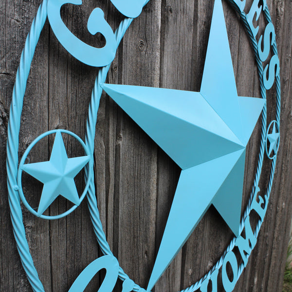 GOD BLESS OUR HOME BARN STAR TURQUOISE AQUA METAL LONE STAR TWISTED ROPE RING WESTERN HOME DECOR HANDMADE #EH12843