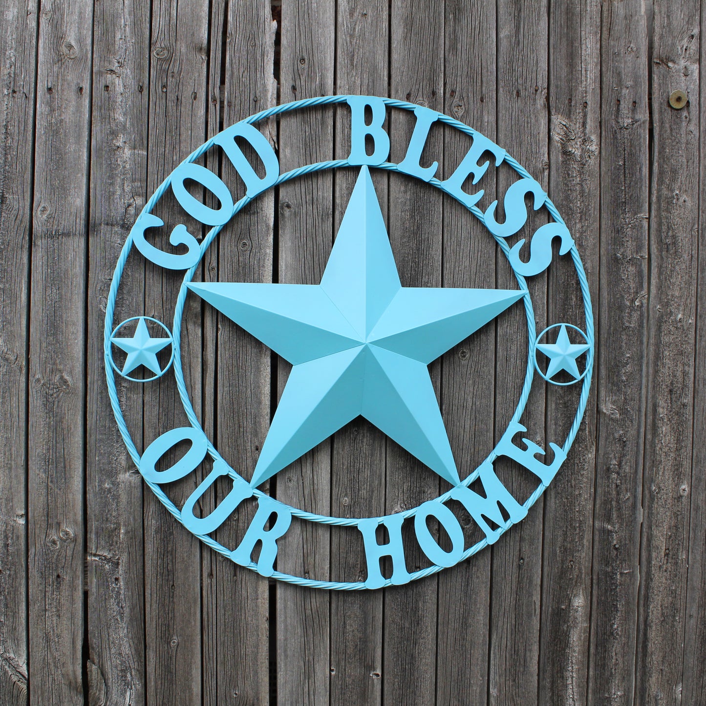 GOD BLESS OUR HOME BARN STAR TURQUOISE AQUA METAL LONE STAR TWISTED ROPE RING WESTERN HOME DECOR HANDMADE #EH12843