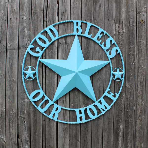 GOD BLESS OUR HOME BARN STAR TURQUOISE AQUA METAL LONE STAR TWISTED ROPE RING WESTERN HOME DECOR HANDMADE #EH12843