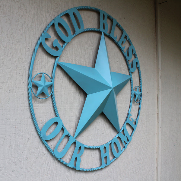 GOD BLESS OUR HOME BARN STAR TURQUOISE AQUA METAL LONE STAR TWISTED ROPE RING WESTERN HOME DECOR HANDMADE #EH12843