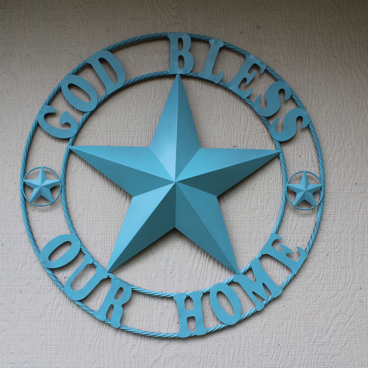 GOD BLESS OUR HOME BARN STAR TURQUOISE AQUA METAL LONE STAR TWISTED ROPE RING WESTERN HOME DECOR HANDMADE #EH12843