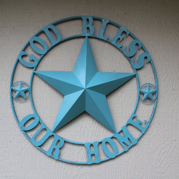 GOD BLESS OUR HOME BARN STAR TURQUOISE AQUA METAL LONE STAR TWISTED ROPE RING WESTERN HOME DECOR HANDMADE #EH12843