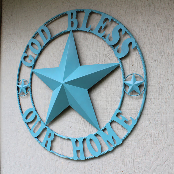 GOD BLESS OUR HOME BARN STAR TURQUOISE AQUA METAL LONE STAR TWISTED ROPE RING WESTERN HOME DECOR HANDMADE #EH12843