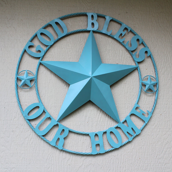 GOD BLESS OUR HOME BARN STAR TURQUOISE AQUA METAL LONE STAR TWISTED ROPE RING WESTERN HOME DECOR HANDMADE #EH12843