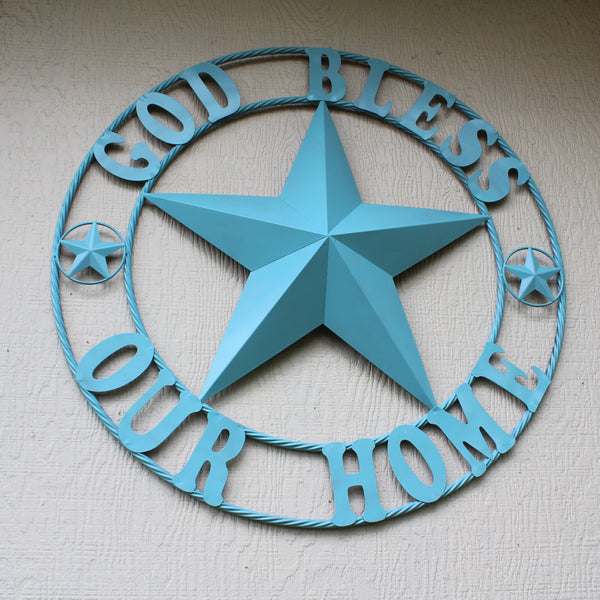 GOD BLESS OUR HOME BARN STAR TURQUOISE AQUA METAL LONE STAR TWISTED ROPE RING WESTERN HOME DECOR HANDMADE #EH12843