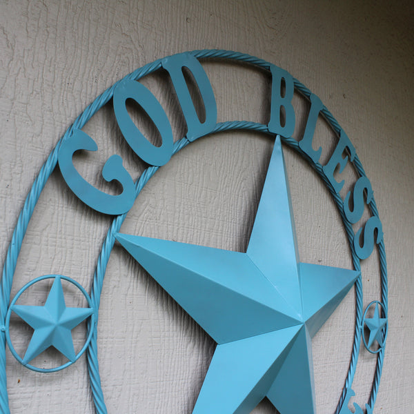 GOD BLESS OUR HOME BARN STAR TURQUOISE AQUA METAL LONE STAR TWISTED ROPE RING WESTERN HOME DECOR HANDMADE #EH12843