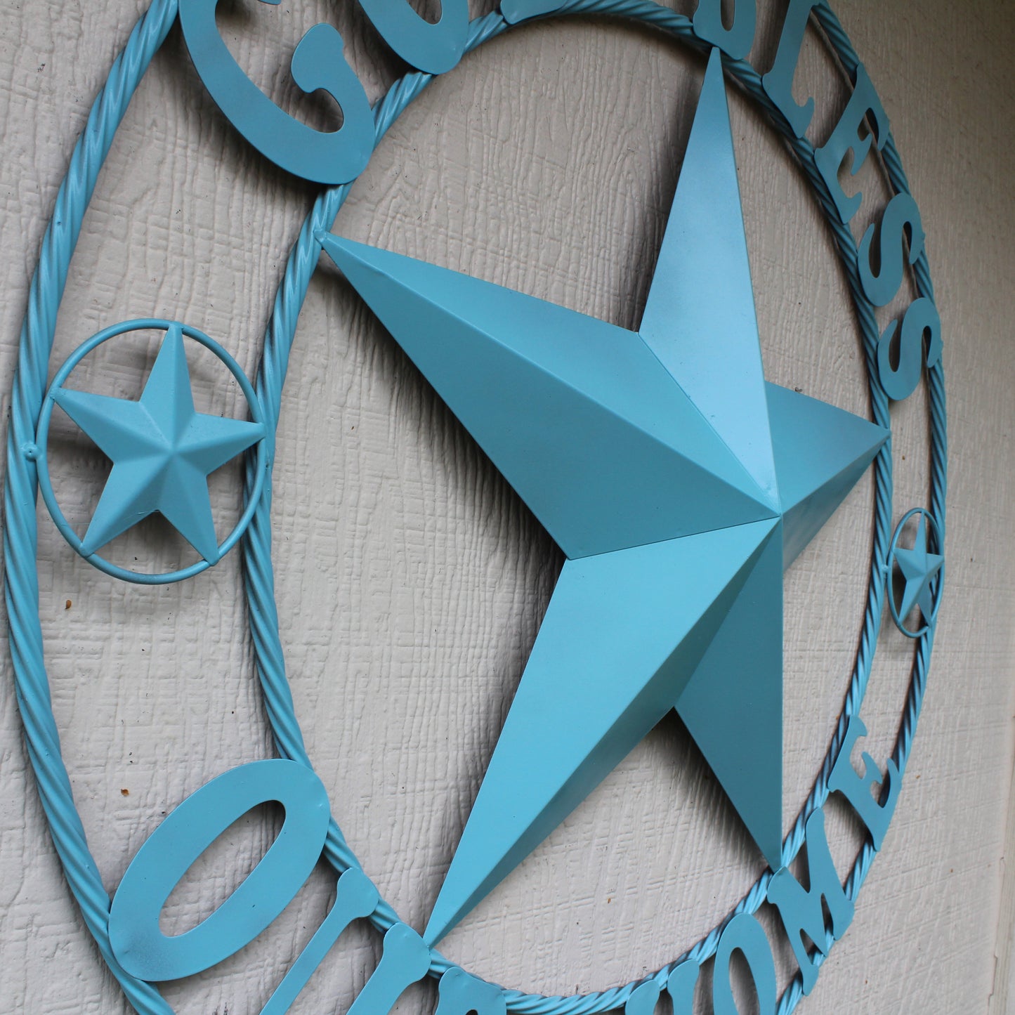 GOD BLESS OUR HOME BARN STAR TURQUOISE AQUA METAL LONE STAR TWISTED ROPE RING WESTERN HOME DECOR HANDMADE #EH12843