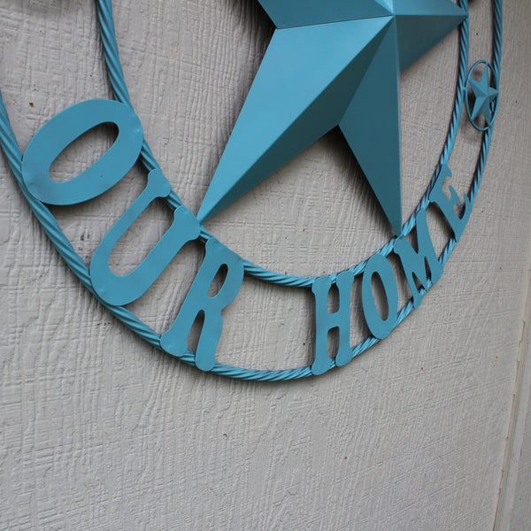 GOD BLESS OUR HOME BARN STAR TURQUOISE AQUA METAL LONE STAR TWISTED ROPE RING WESTERN HOME DECOR HANDMADE #EH12843