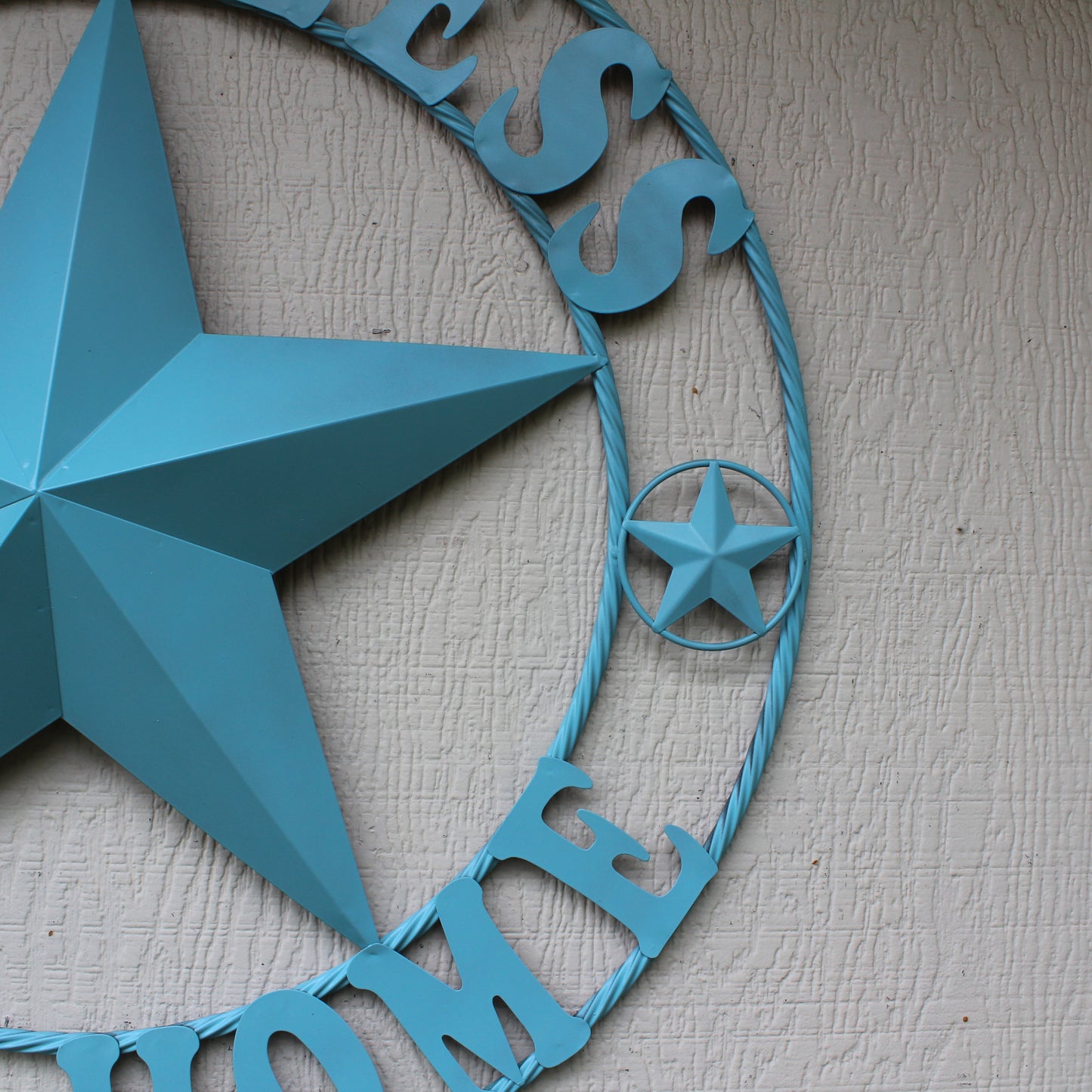 GOD BLESS OUR HOME BARN STAR TURQUOISE AQUA METAL LONE STAR TWISTED ROPE RING WESTERN HOME DECOR HANDMADE #EH12843