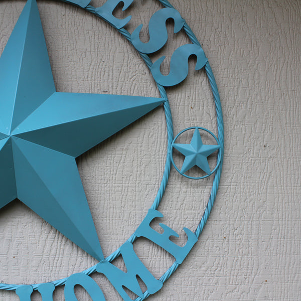 GOD BLESS OUR HOME BARN STAR TURQUOISE AQUA METAL LONE STAR TWISTED ROPE RING WESTERN HOME DECOR HANDMADE #EH12843