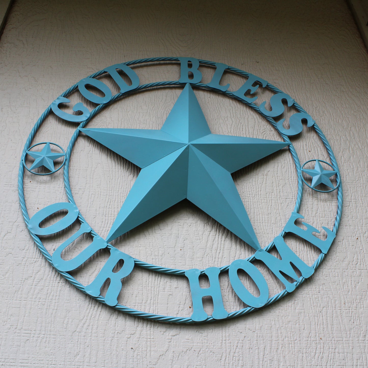 GOD BLESS OUR HOME BARN STAR TURQUOISE AQUA METAL LONE STAR TWISTED ROPE RING WESTERN HOME DECOR HANDMADE #EH12843