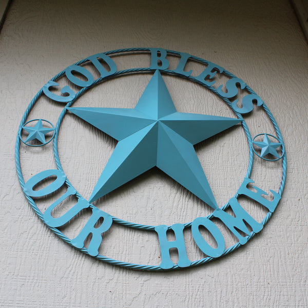 GOD BLESS OUR HOME BARN STAR TURQUOISE AQUA METAL LONE STAR TWISTED ROPE RING WESTERN HOME DECOR HANDMADE #EH12843