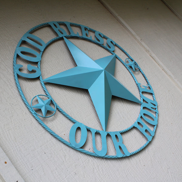 GOD BLESS OUR HOME BARN STAR TURQUOISE AQUA METAL LONE STAR TWISTED ROPE RING WESTERN HOME DECOR HANDMADE #EH12843