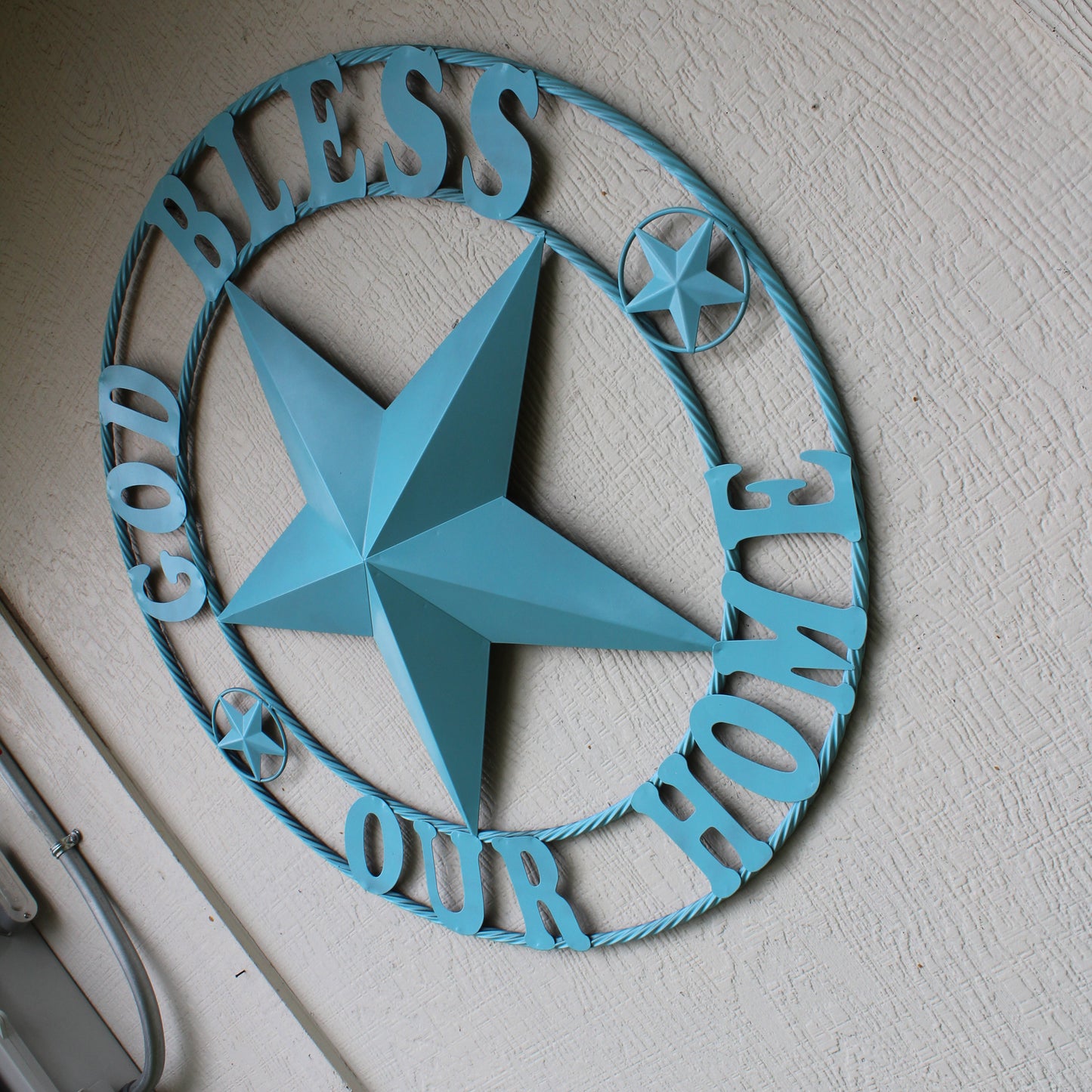 GOD BLESS OUR HOME BARN STAR TURQUOISE AQUA METAL LONE STAR TWISTED ROPE RING WESTERN HOME DECOR HANDMADE #EH12843