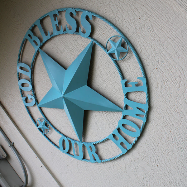 GOD BLESS OUR HOME BARN STAR TURQUOISE AQUA METAL LONE STAR TWISTED ROPE RING WESTERN HOME DECOR HANDMADE #EH12843