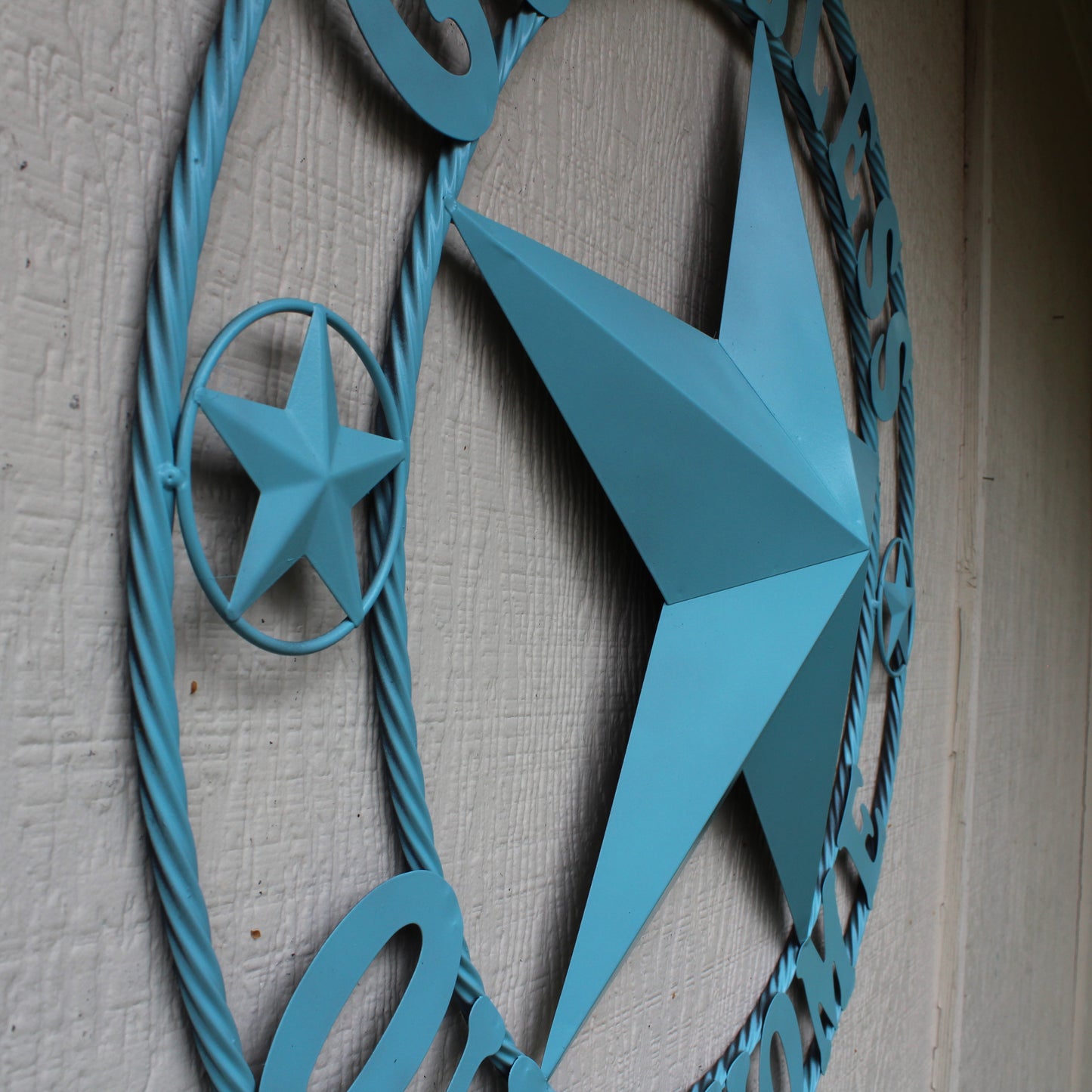 GOD BLESS OUR HOME BARN STAR TURQUOISE AQUA METAL LONE STAR TWISTED ROPE RING WESTERN HOME DECOR HANDMADE #EH12843