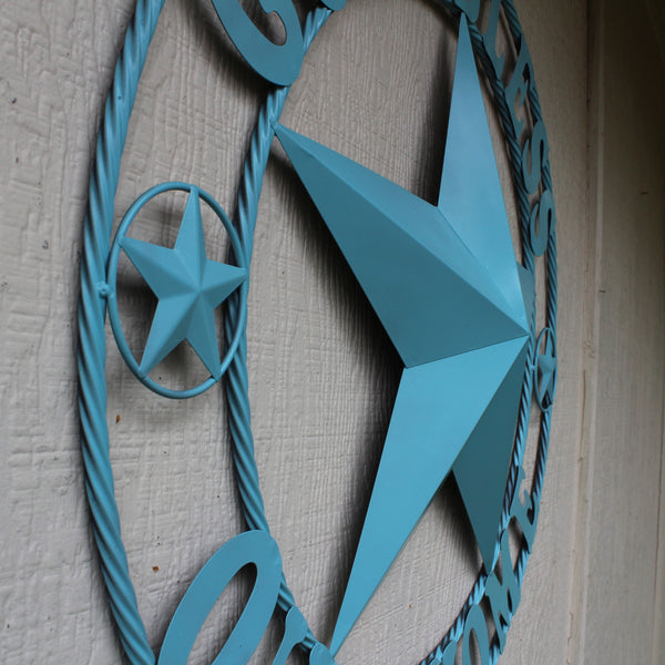 GOD BLESS OUR HOME BARN STAR TURQUOISE AQUA METAL LONE STAR TWISTED ROPE RING WESTERN HOME DECOR HANDMADE #EH12843