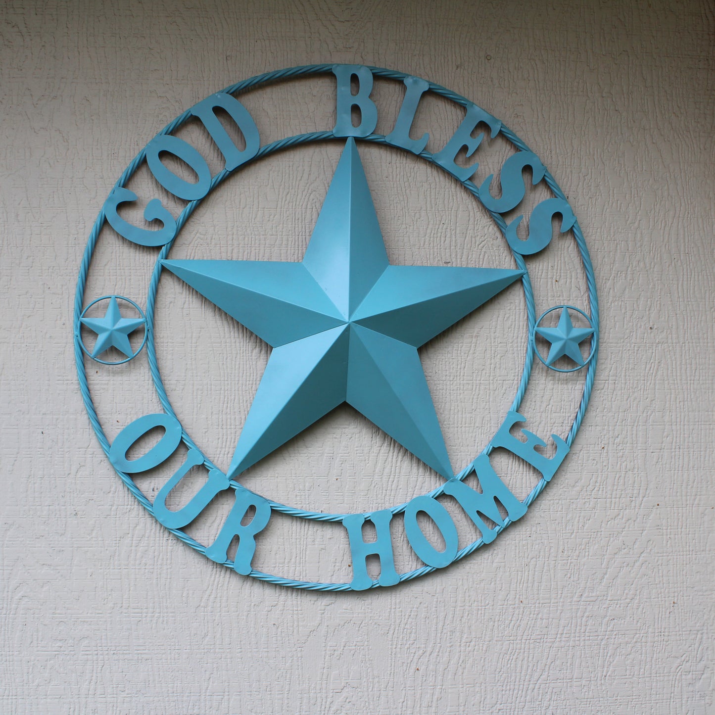 GOD BLESS OUR HOME BARN STAR TURQUOISE AQUA METAL LONE STAR TWISTED ROPE RING WESTERN HOME DECOR HANDMADE #EH12843