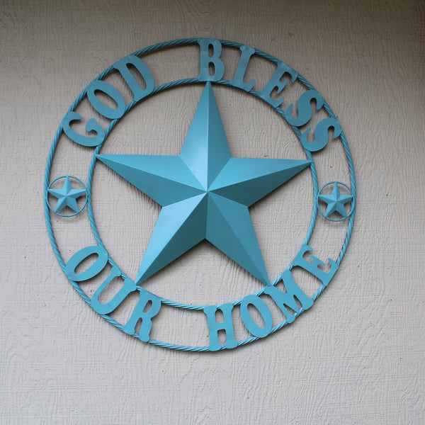 GOD BLESS OUR HOME BARN STAR TURQUOISE AQUA METAL LONE STAR TWISTED ROPE RING WESTERN HOME DECOR HANDMADE #EH12843