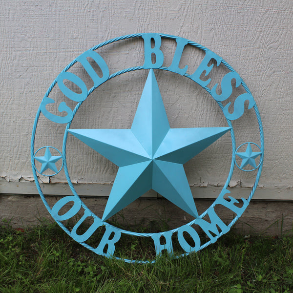 GOD BLESS OUR HOME BARN STAR TURQUOISE AQUA METAL LONE STAR TWISTED ROPE RING WESTERN HOME DECOR HANDMADE #EH12843