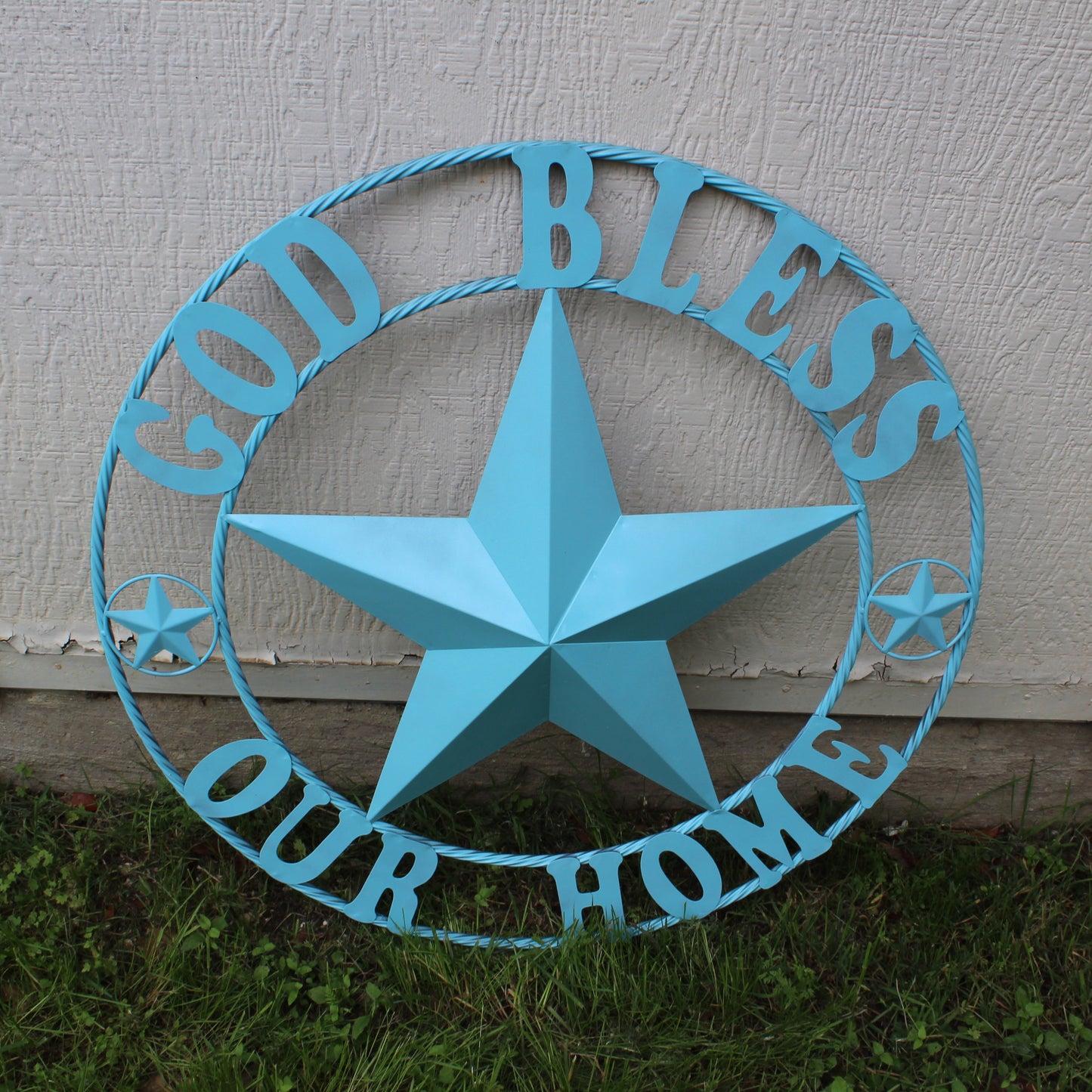 GOD BLESS OUR HOME BARN STAR TURQUOISE AQUA METAL LONE STAR TWISTED ROPE RING WESTERN HOME DECOR HANDMADE #EH12843