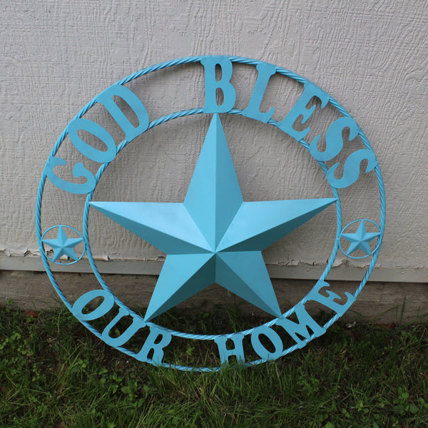 GOD BLESS OUR HOME BARN STAR TURQUOISE AQUA METAL LONE STAR TWISTED ROPE RING WESTERN HOME DECOR HANDMADE #EH12843