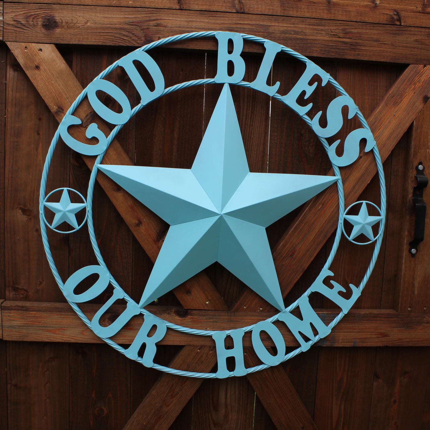 GOD BLESS OUR HOME BARN STAR TURQUOISE AQUA METAL LONE STAR TWISTED ROPE RING WESTERN HOME DECOR HANDMADE #EH12843