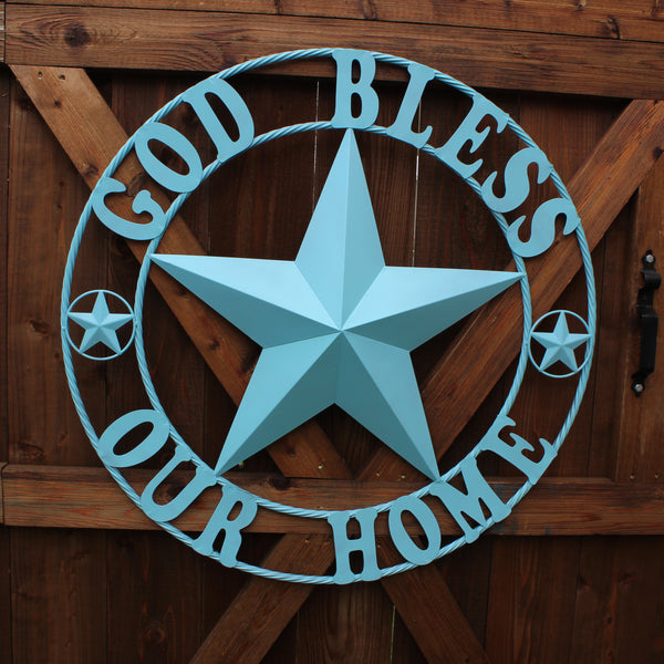 GOD BLESS OUR HOME BARN STAR TURQUOISE AQUA METAL LONE STAR TWISTED ROPE RING WESTERN HOME DECOR HANDMADE #EH12843