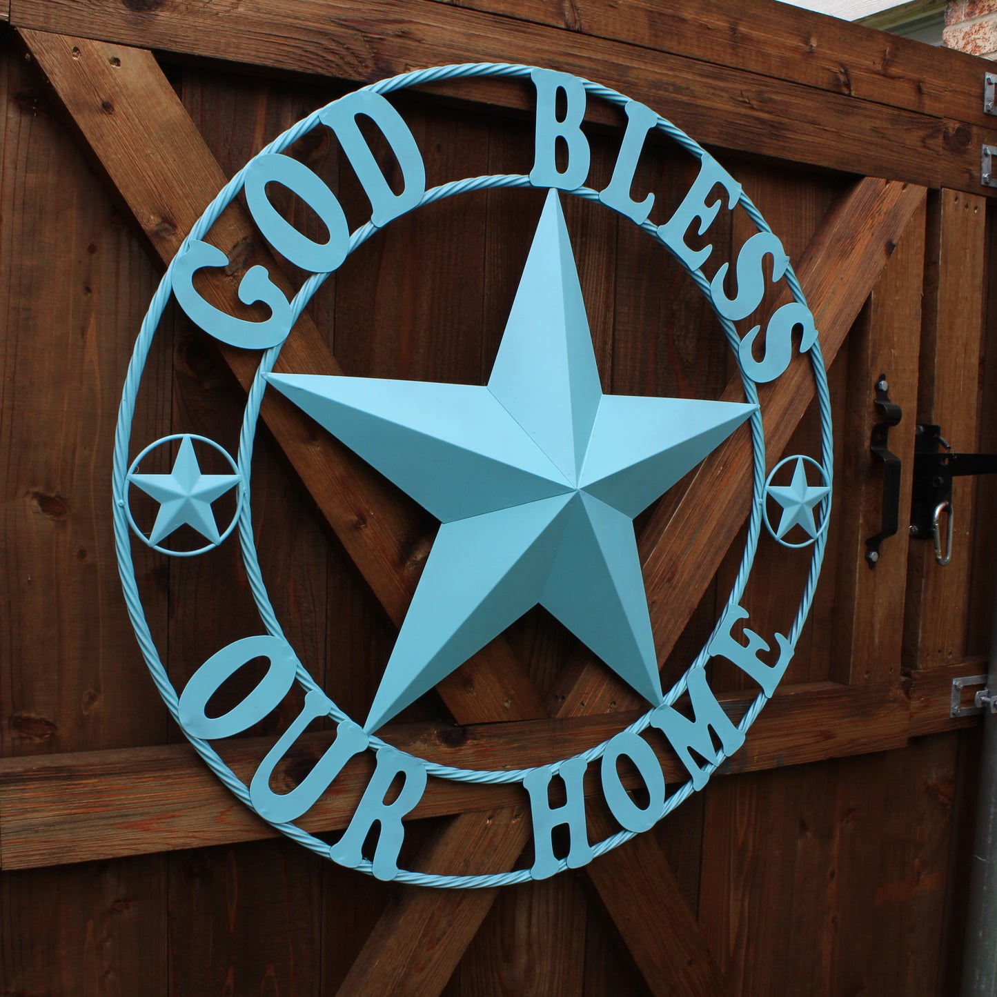 GOD BLESS OUR HOME BARN STAR TURQUOISE AQUA METAL LONE STAR TWISTED ROPE RING WESTERN HOME DECOR HANDMADE #EH12843