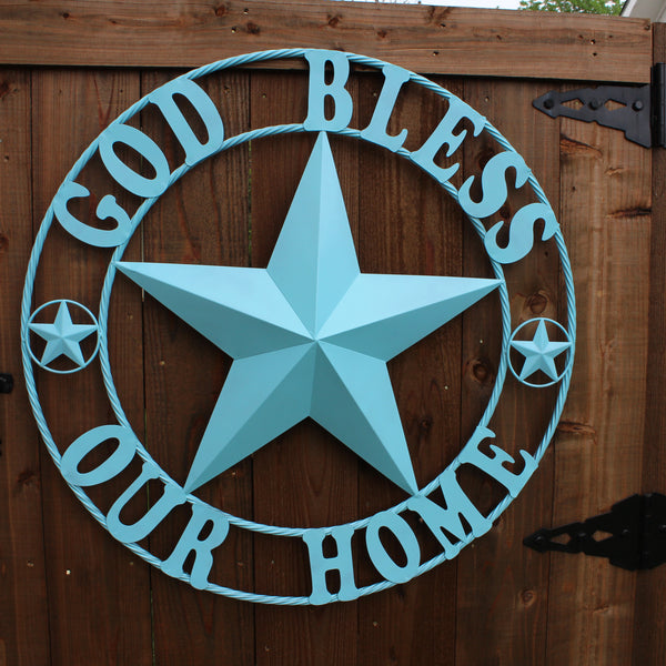 GOD BLESS OUR HOME BARN STAR TURQUOISE AQUA METAL LONE STAR TWISTED ROPE RING WESTERN HOME DECOR HANDMADE #EH12843